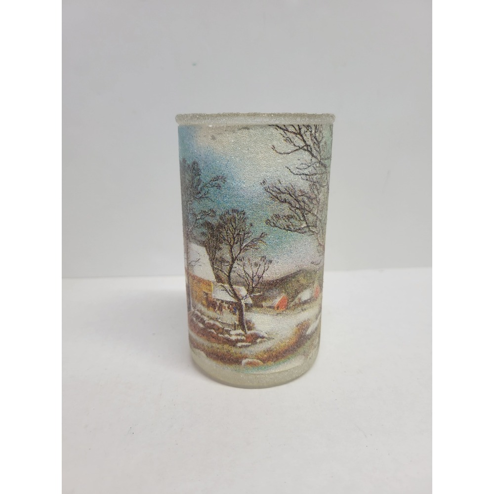 Vintage Danzas Frosted Glass Winter Scene Sugary Glitter Candle Holder Vase